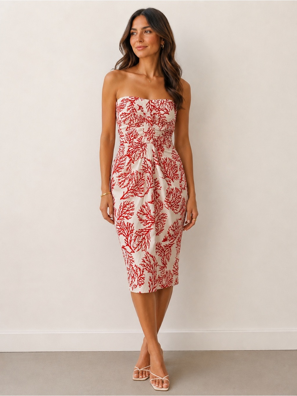 NWT David Meister Satin Coral Reef Print Strapless Cocktail Midi Dress US 8 $298